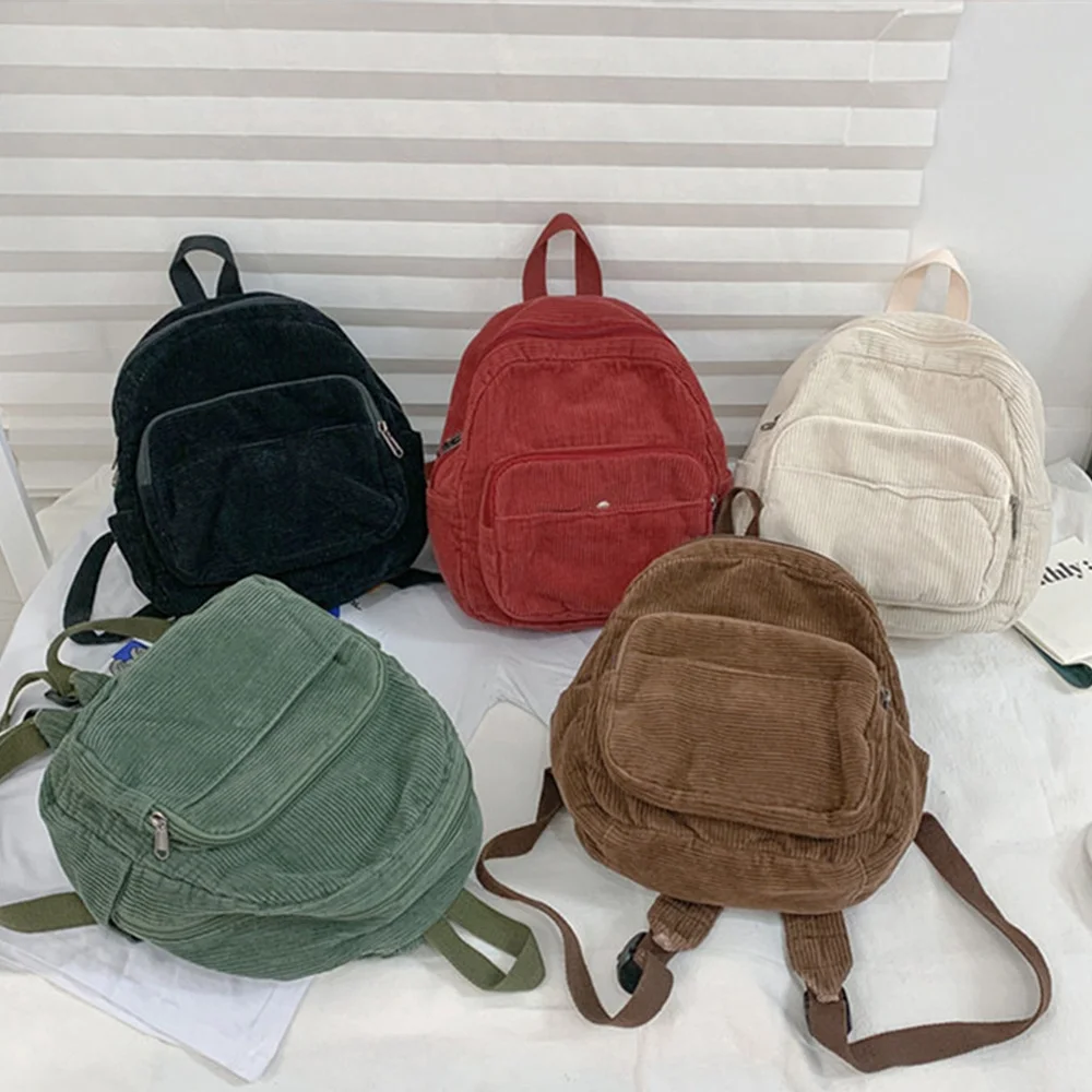 

Corduroy Mini Backpack For Women Casual Striped Solid Color Soft School Bags Simple Student Book Bags For Office Travel School