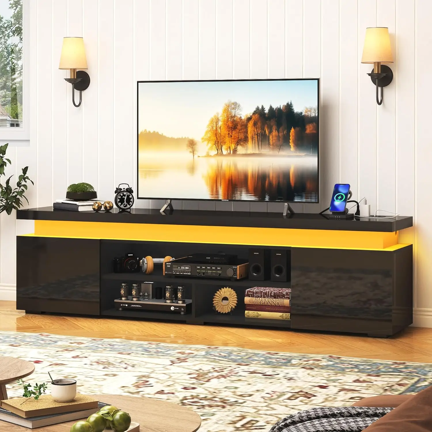

LED TV Stand for 80/85 Inch TV, Modern Gaming Stand with Power Outlet, Large High Gloss Console Entertainment Center w/ Storage