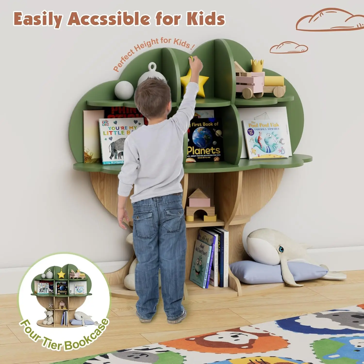 Tree Kids Bookshelf Toddler Bookcase 4-Tier Baby Book Rack Children Toy Storage Organizer Wood Display Shelf for Nursery Playroo
