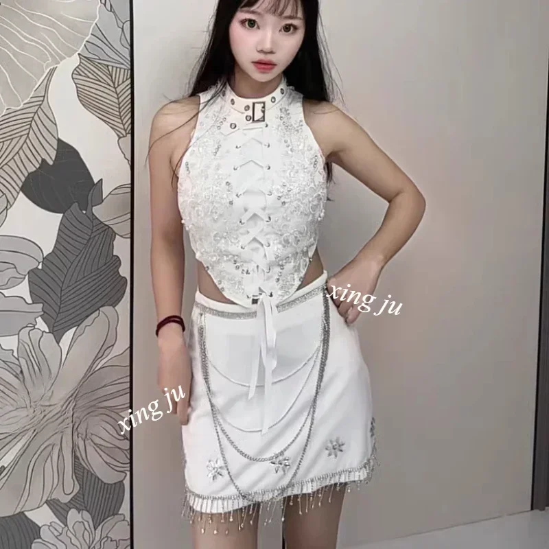 Kpop Koreanische Sänger Konzert Outfit Gruppe Leistung Tragen Jazz Dance Straße Kleidung Frauen Party Weiß Crop Tops Bühne Dünnes Kleid