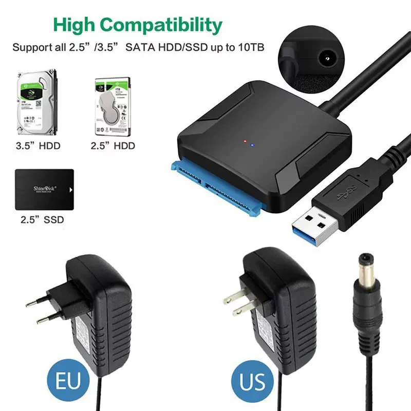 

Адаптер-конвертер USB 3.0 в SATA III Поддержка жесткого диска SSD/HDD 2,5/3,5 дюйма Адаптер питания для подключения внешнего жесткого диска ПК