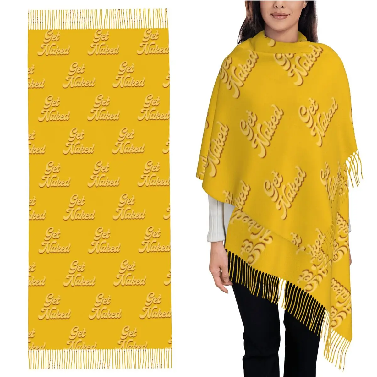 

Get Naked - Typography Mustard Scarf Tassel Scarves Women Soft Warm Shawls and Wraps Long Fall Winter Shawl Wrap