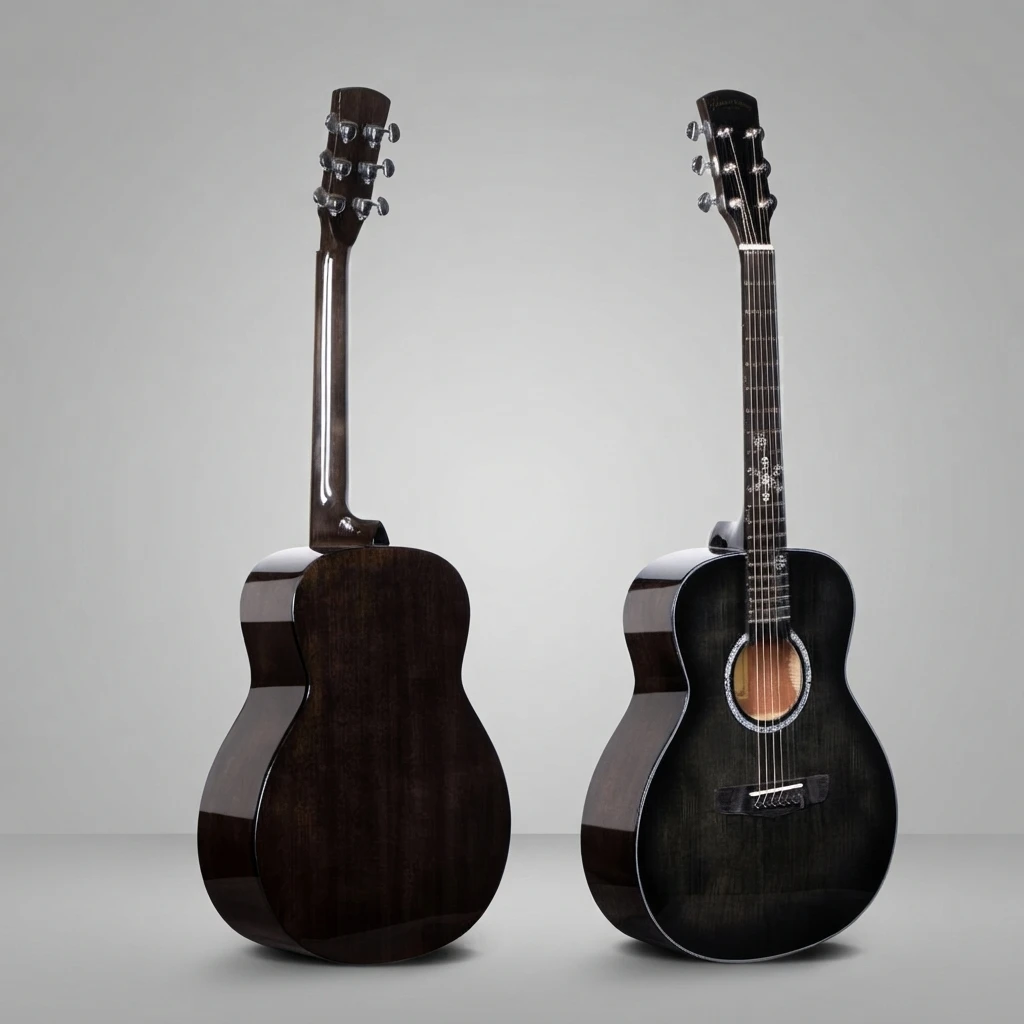 Snowflake Inlay Round Body Acoustic Guitar,Solid Spruce Top,Rosewood Fretboard,Gloss Black  Natural Two‑Tone For Folk Performers
