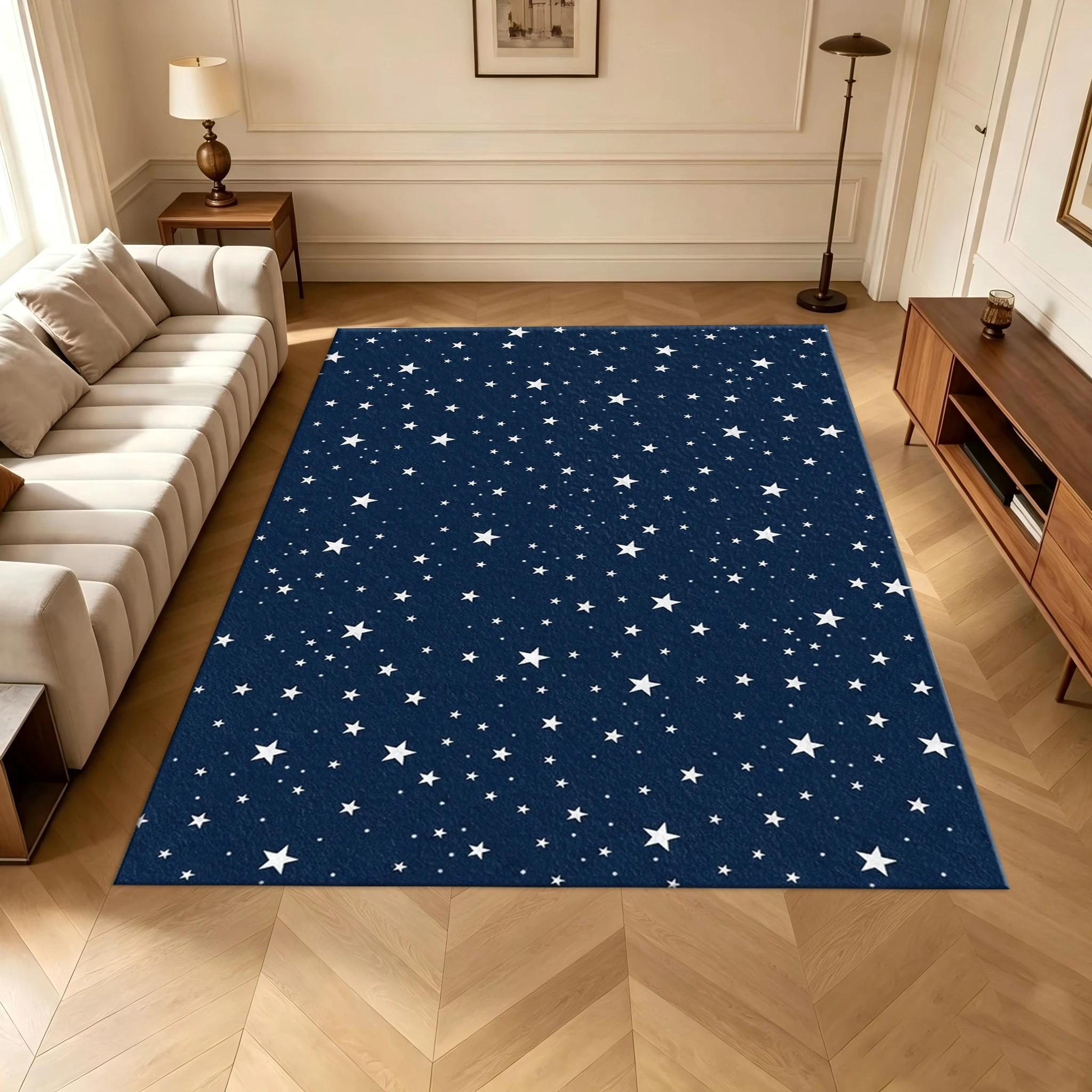Dark Blue Star Celestial Area Rug White Star Pattern Floor Carpet for Living Room Bedroom Home Decor