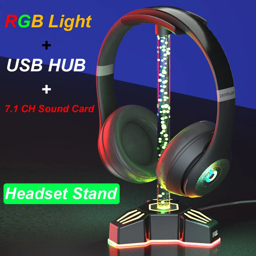 Bluetoothヘッドセットホルダー,2ポート,USB 2.0ハブ,7.1ch, 3.5mm補助オーディオポート,RGB LEDライト付き