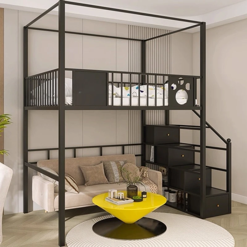 

High and low iron frame bed, fence frame, elevated bed, empty shelf bed, stair drawer design, can store wrought iron bed