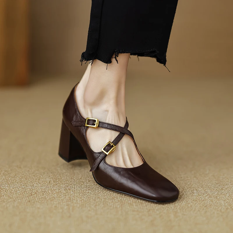 2024 New Spring Square Heeled Women Pumps Buckle Strap Genuine Leather Office Lady Shoes Woman Retro Square Toe Black Mary Janes