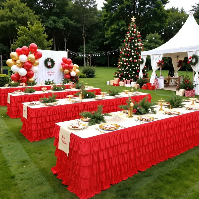 New Five Layer Red Cake Table Skirt Christmas Decoration High-end Atmosphere Birthday Party Wedding Party Table Skirt Reusable