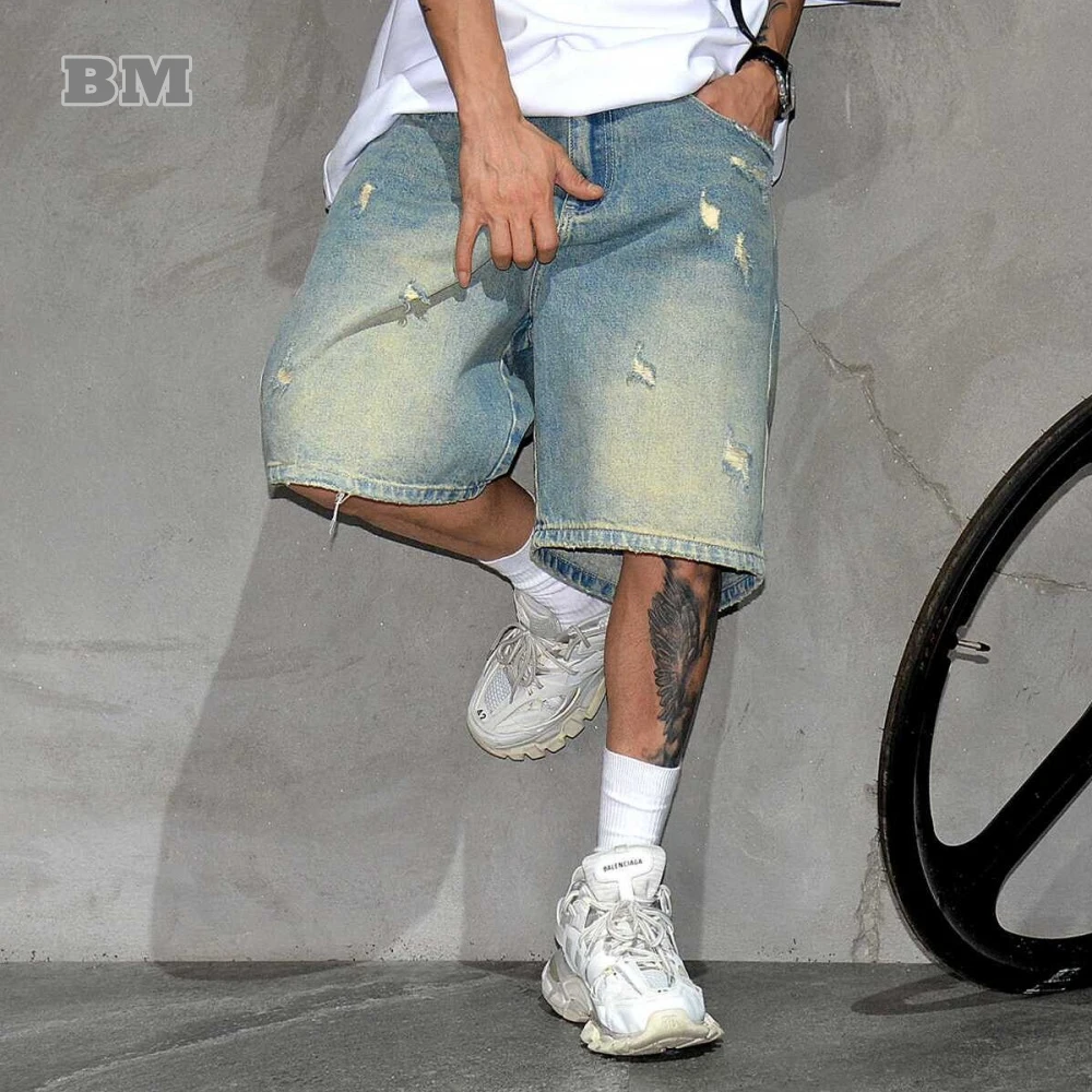 Korean Vintage Distressed Jorts Men Clothing Hip Hop Ripped Denim Shorts Streetwear Baggy Jeans Summer Harajuku Casual Shorts