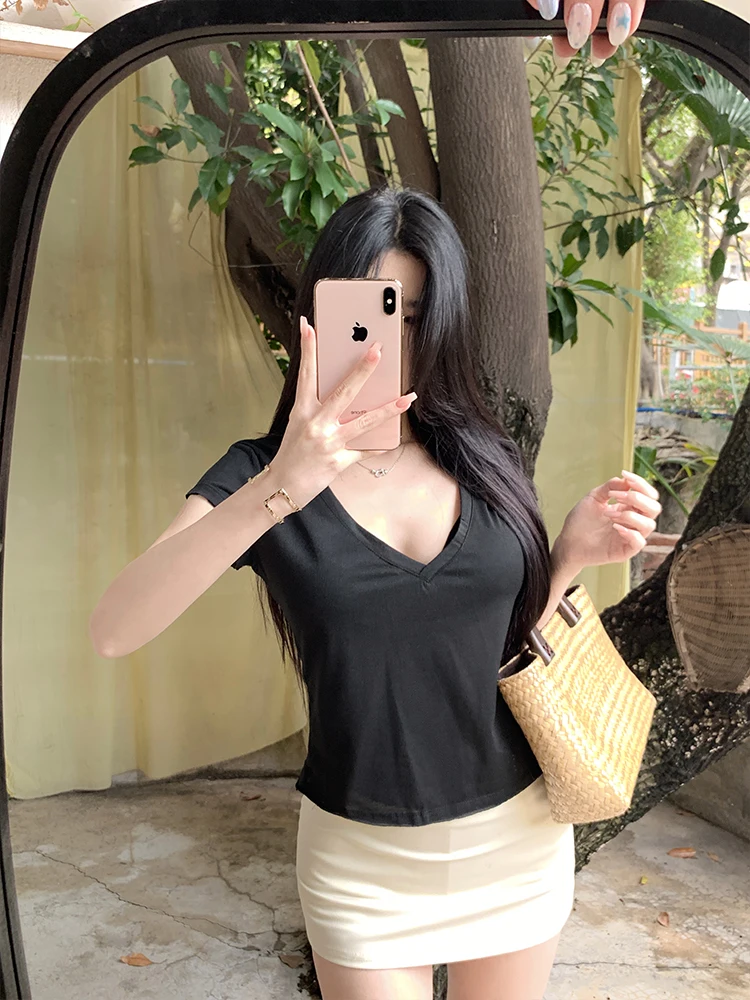MosesQueen Grey Micro-Transparent V-Neck Short Sleeve T-Shirt Summer Thin Pure Desire Shoulder Level Short Top for Women