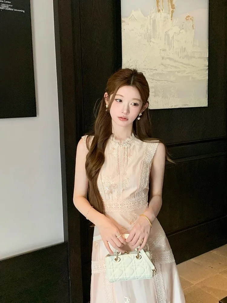 

Embroidered Lace Sleeveless round Neck Dress Women's Summer New Style Goddess Heavy Embroidery Long Dress plus Size Casual Wear