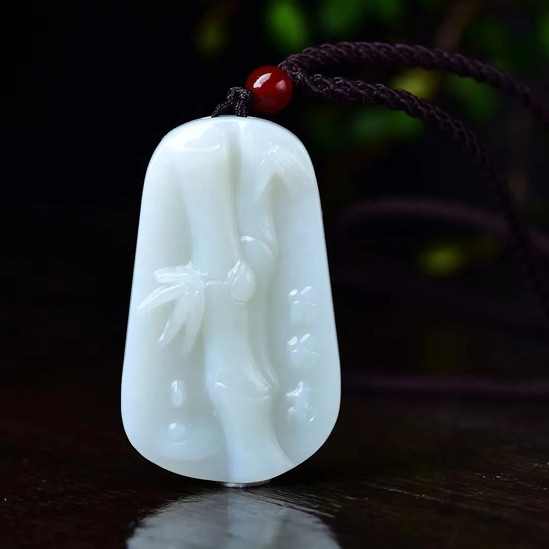 Hetian Jade Finely Carved Step by Step Bamboo Pendant Jewelry 1924#