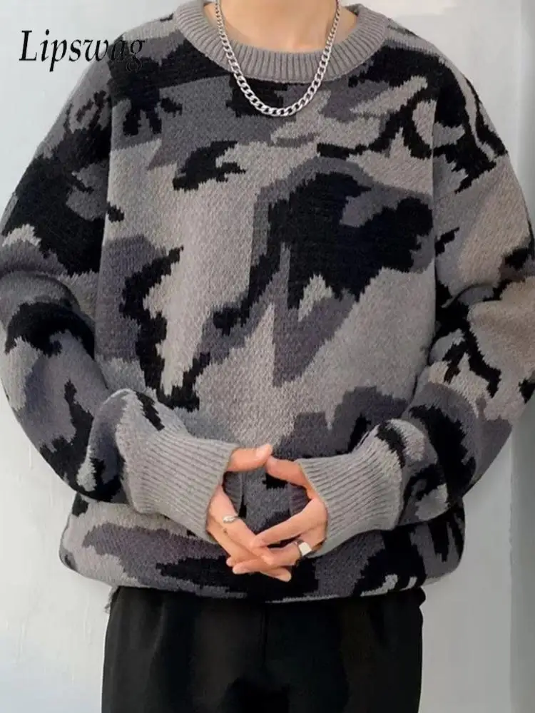 

Осень-зима, повседневные мужские вязаные свитера, модные камуфляжные вязаные крючком джемперы, мужские винтажные свитера с длинным рукавом и круглым вырезом