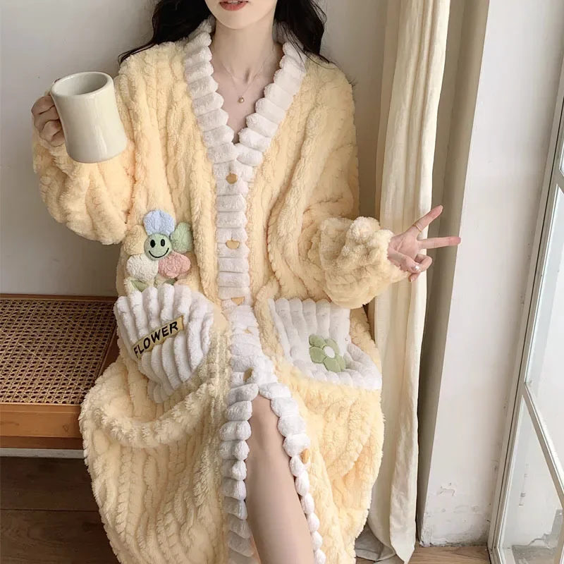 Nightgown Winter Women's Clothing Thickened Padded Home Loose Cozy Simple Affordable Soft Elegant High-quality Casual Warm Sweet