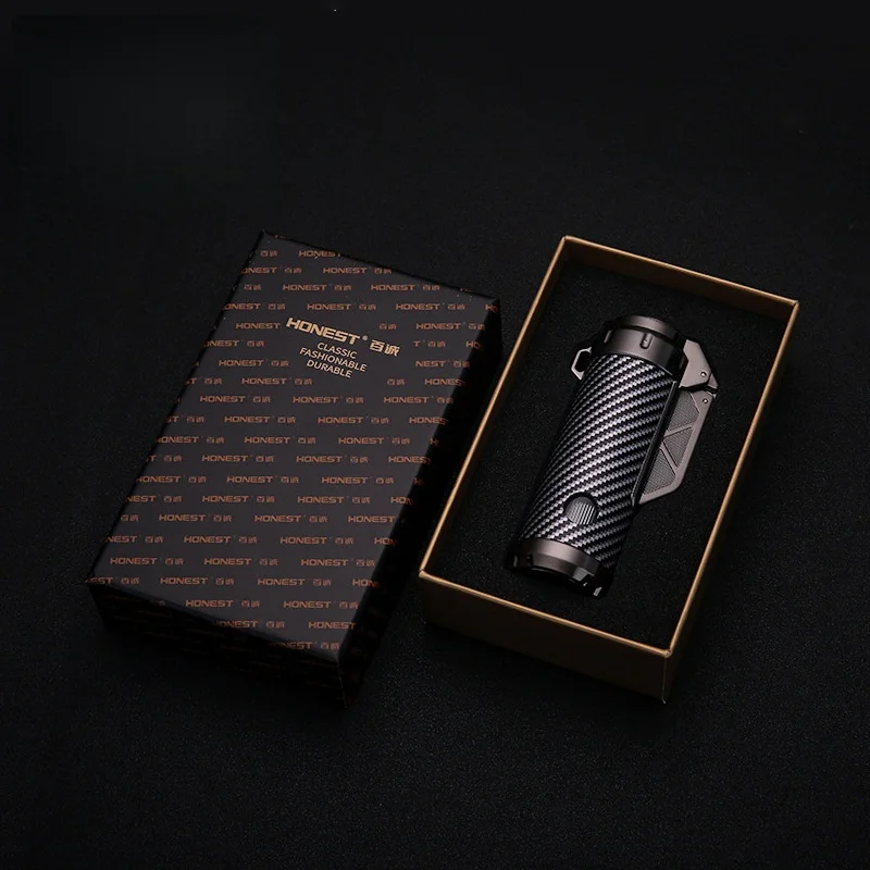 Briquet à gaz butane HONEST en alliage de zinc, coupe-vent, triple flamme, avec fenêtre de niveau de gaz visible, couteau à cigares dissimulé, briquet à cigares, cadeau pour fumeurs