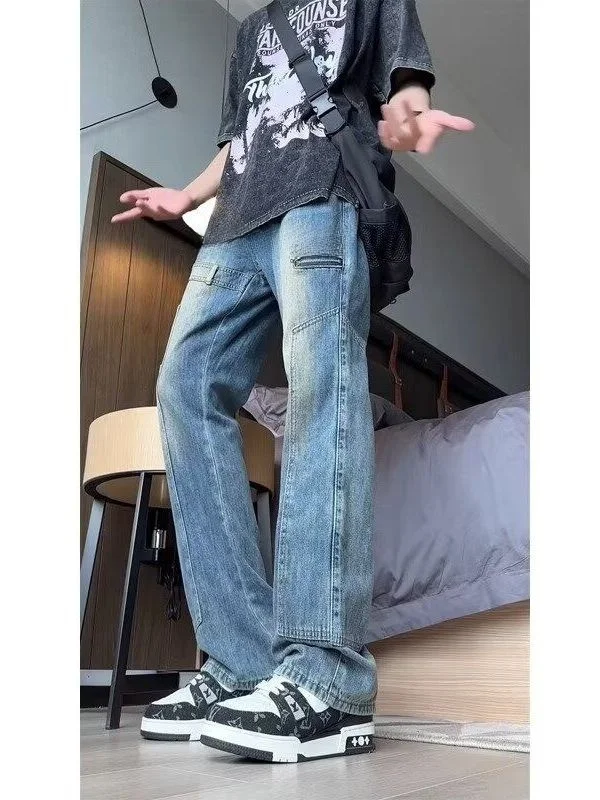 

Retro American Faion Waed Blue Jeans Men's Loose Straight Leg Trendy All-Match Spring Summer Straight Foot Jeans