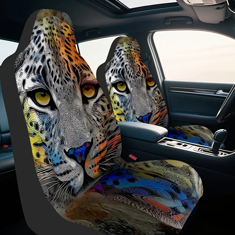 2pcs, Abstract Leopard Portrait Pattern Car Seat Covers, Washable And Comfortable, Universal Fit For Front Seats Of Cars And Tru