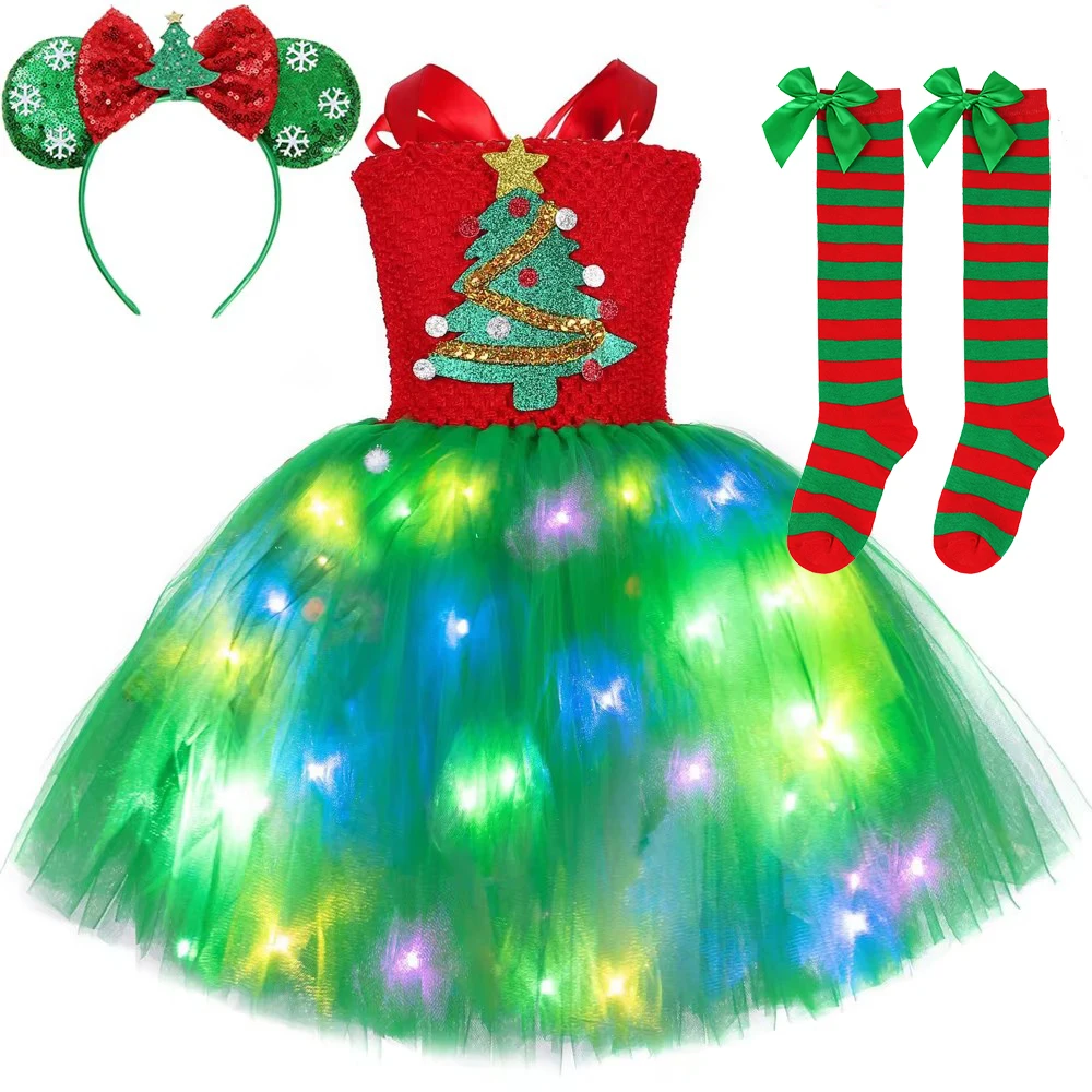 Led Lights Christmas Costumes for Girls Twinkle Xmas Tree Tutu Dress Children Holiday Carnival Outfit Kids New Year Clothes Gift