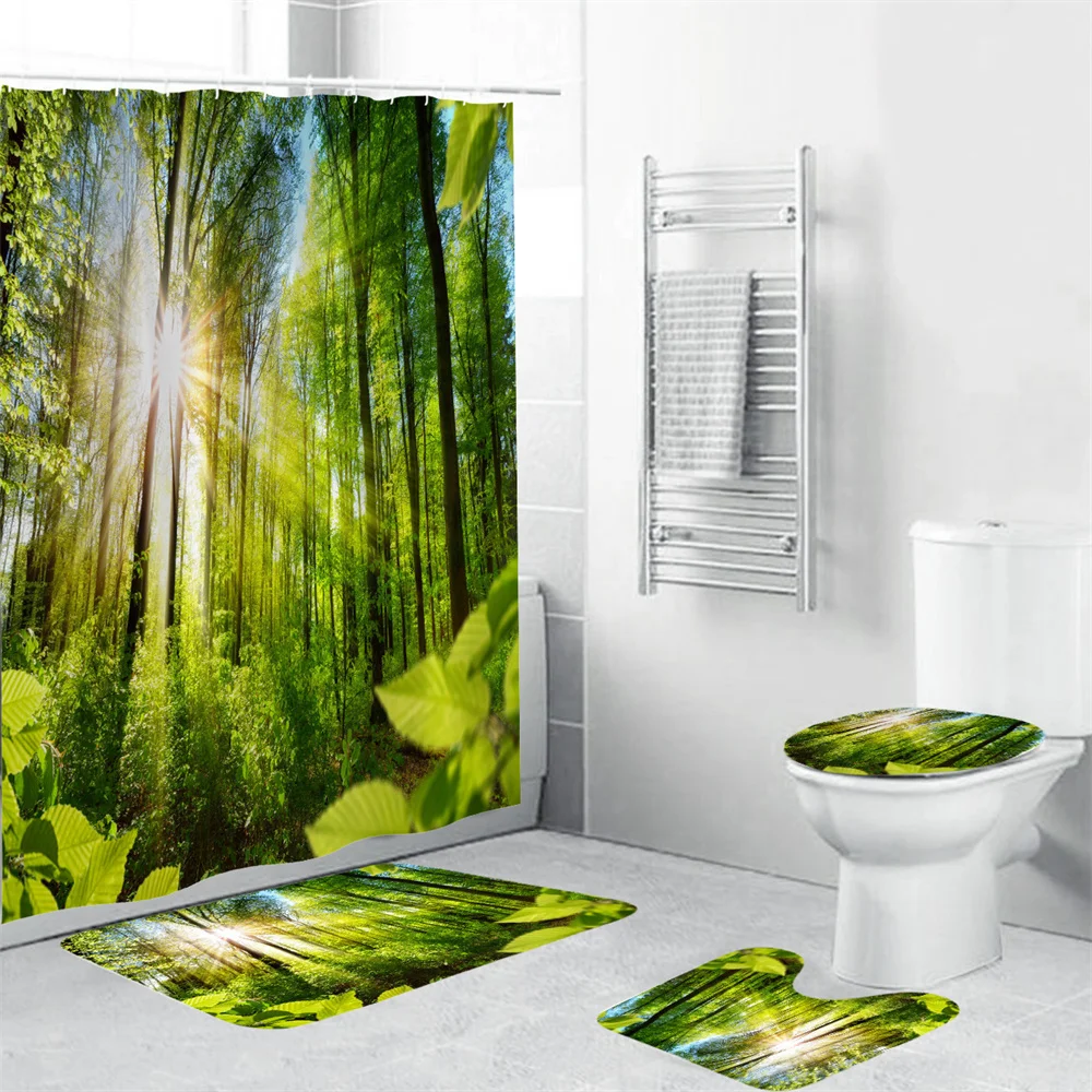 

Forest Park Bathroom Shower Curtain Set, Morning sun in Natural landscape Wilderness Forest Cloth Fabric Bathroom Decor Set