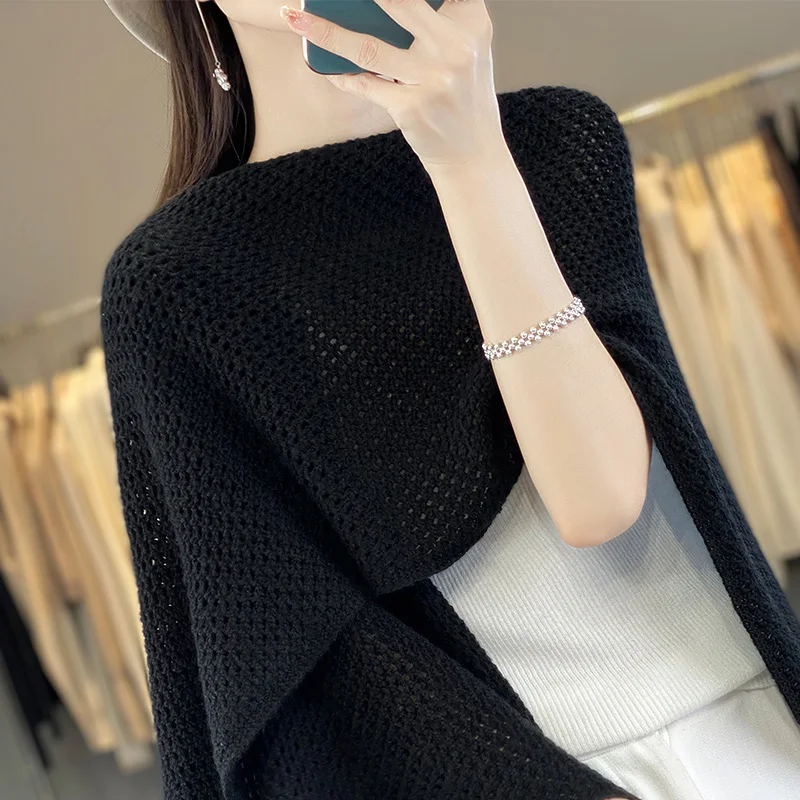 New 100% Australian wool women\'s shawl solid color knitted long style women\'s hollow wool shawl summer thin style versatile and