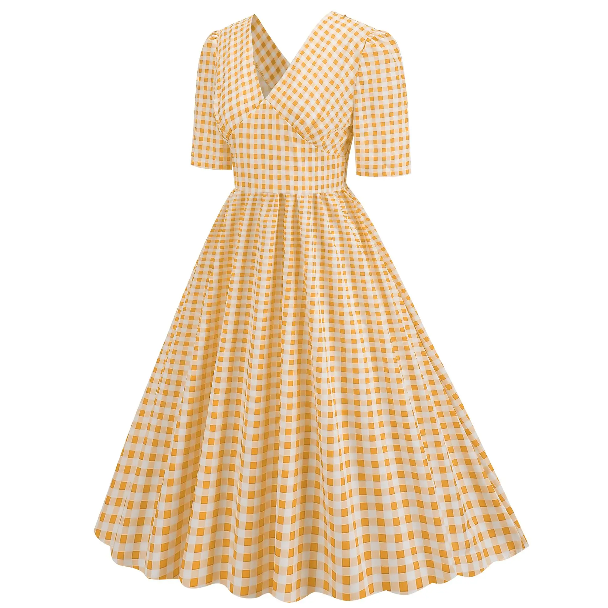 فستان ماكسي أنيق بنمط هيبورن الكلاسيكي مع ياقة على شكل V وحزام خصر، تنورة ميدي ناعمة من القطن للربيع والصيف