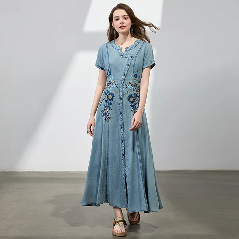 

2025 Summer Women's Vintage Denim Dress Embroidery O-neck Jean Dresses Single-breasted Short Sleeves Pocket Slim Maxi Dresses