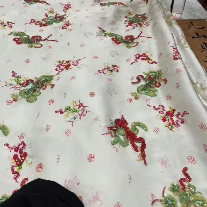 Silk wool satin heavy industry embroidery fabric beaded Chinese-style armor