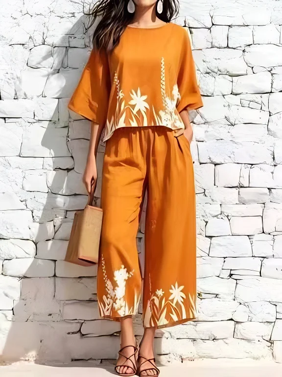 Damen Zweiteiler mit Blumenmuster, 3/4-Ärmel-Oberteil, Weite Hose, Lässiges Urlaubs-Outfit – Detail 4