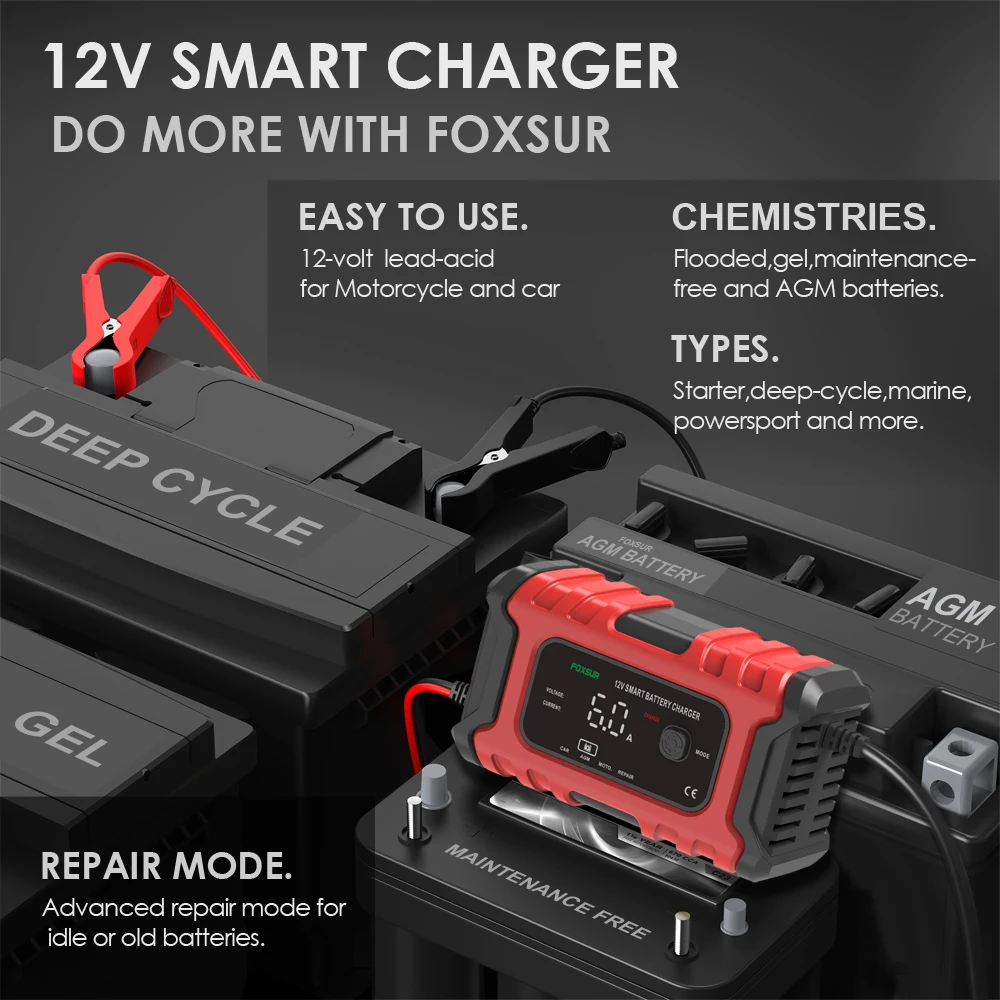 FOXSUR 12V 6A Smart Battery Charger with LED Display, Motorcycle & Car Battery Charger 12V AGM GEL WET Lead Acid Battery Charger