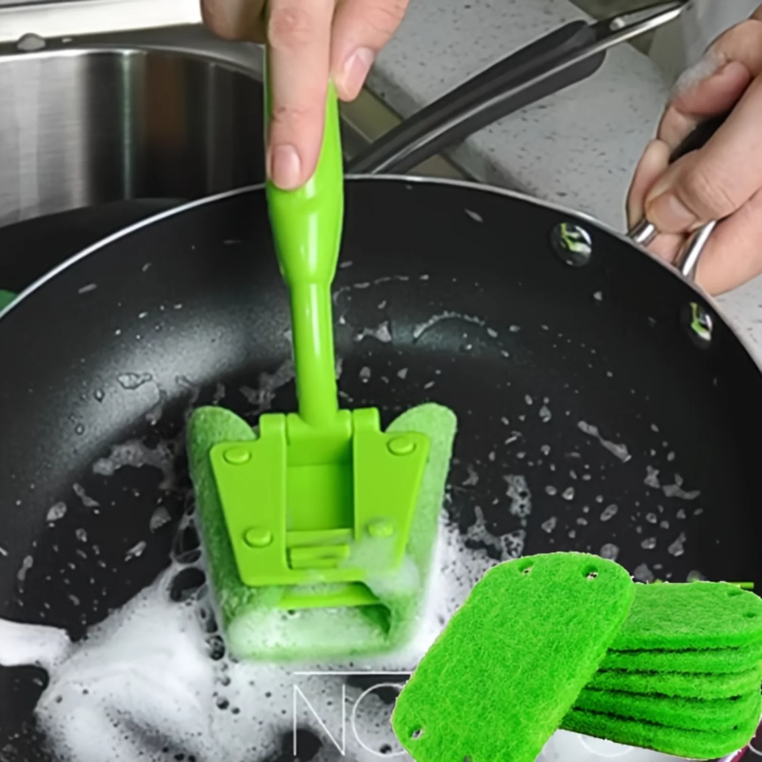 

Thickened Scouring Pad, Long-handled Pot Brush With 5 Pcs Sponge, Replaceable Sponge And Cloth, Dishwashing Cloth, Scratch Free,