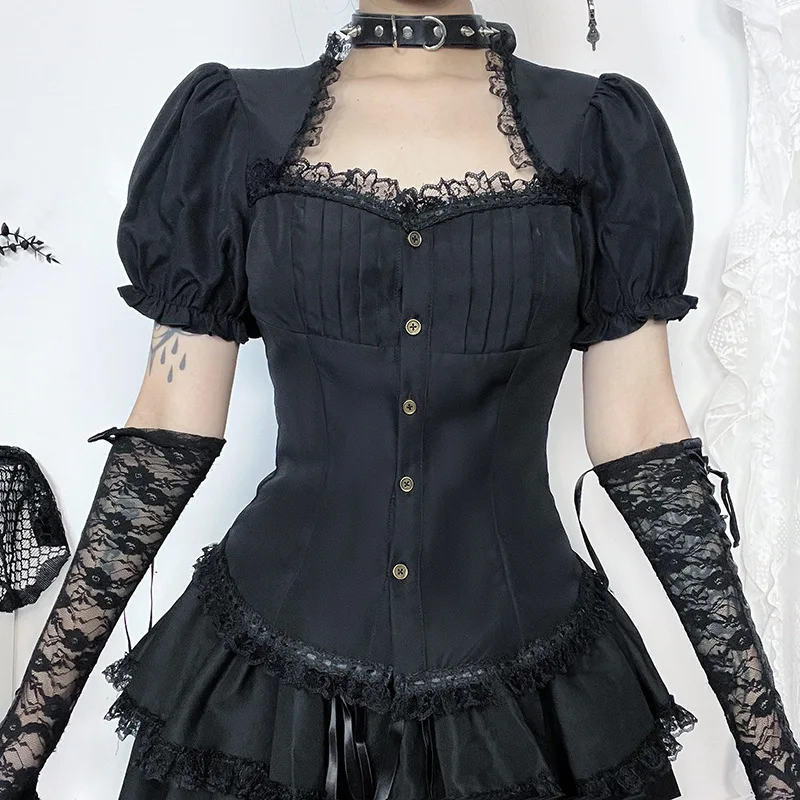 

Goth Vintage Gothic Lolita T-shirt Women Streetwear Lace Patchwork Puff Sleeve Bandage Crop Tee Tops Elegant Cosplay Clothes
