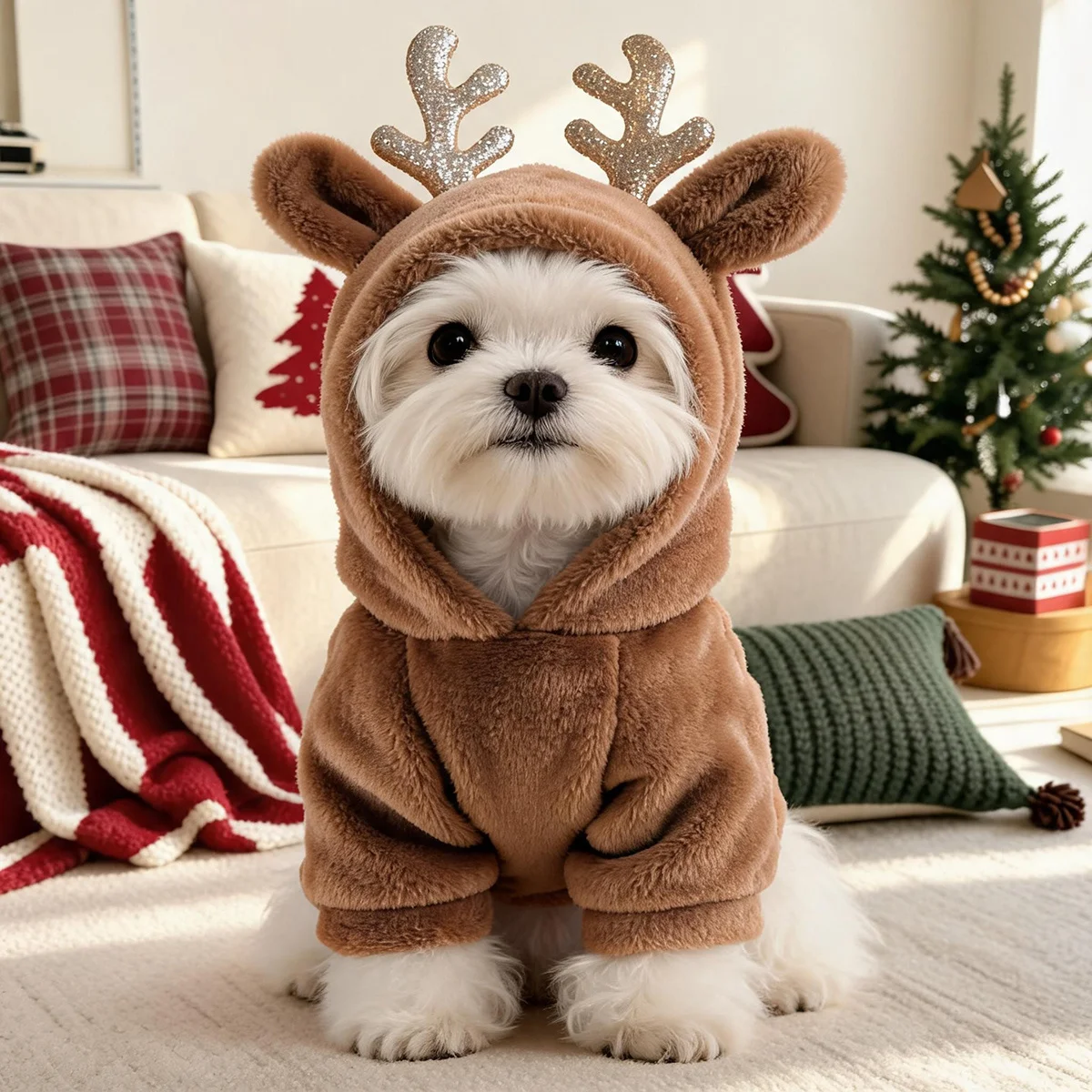 Pet Clothing in Gentle Caramel Brown with 3D Ears, Hooded Sequin Antlers, Single-Piece Pet Hooded Jacket, Christmas and New Year's Soft and Cute Niche Reindeer Commemorative Pet Gift for Small Dogs and Cats