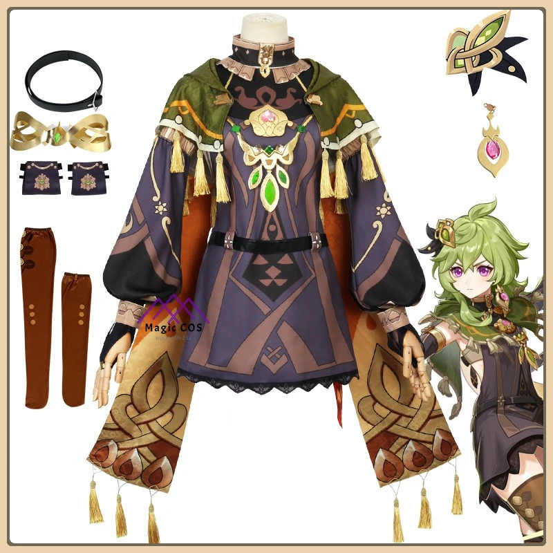 

Genshin Impact Collei Cosplay Costume Ruffled Green Skirt Set High Quality Full Set Anime Clothes for Women Halloween Party Suit