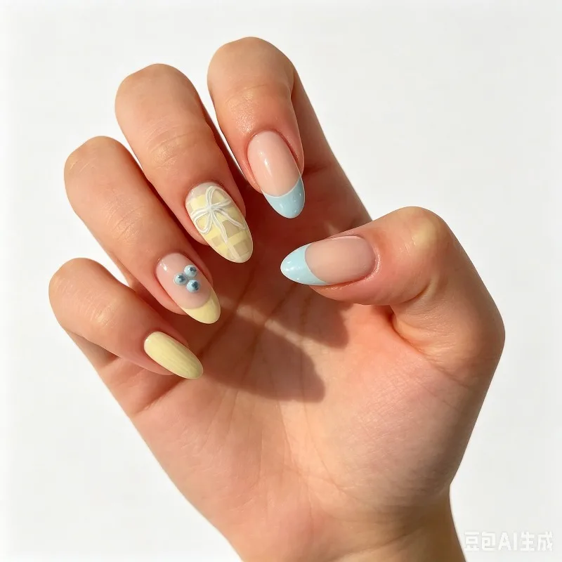 

24PCS Almond Press on Nails Pastel Blue Yellow French Tip with Bow Star Sweet Coquette Balletcore Style Reusable False Nails 네일