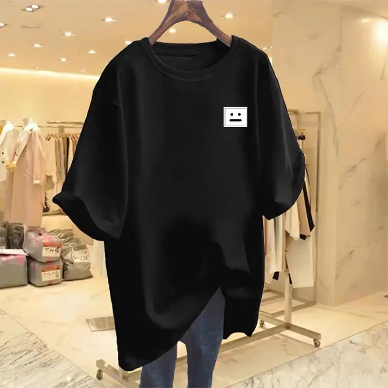 Summer Cotton Expression Print Basic T-shirts Women Clothing Casual Loose Short Sleeve Top Tees Office Lady Pullover 45-105Kg