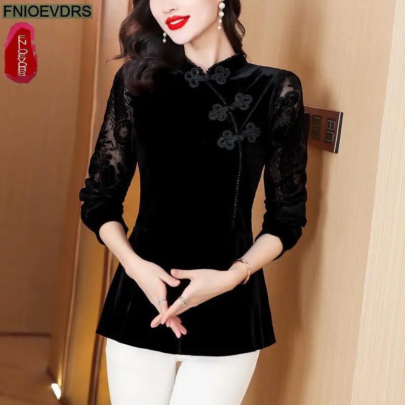 S-3XL Black Velvet Top Women Autumn Winter French Design Elegant Office Lady Work Button Shirt Casual Slim Retro Peplum Blouses