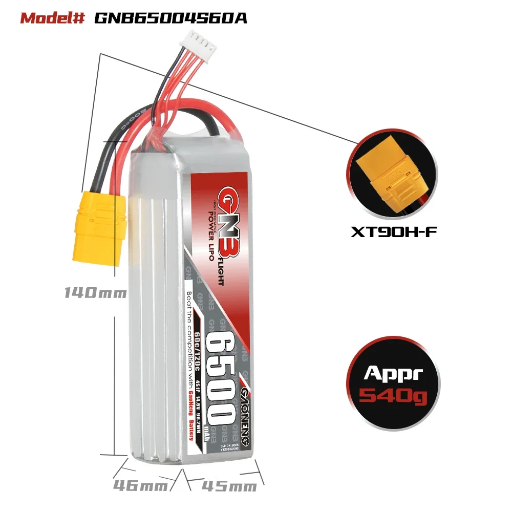 GAONENG GNB 6500mAh 4S 60C 120C 14.8V XT90 LiPo Battery Electric RC Devices Off-Load and On-Load RC Car Redcat Racing Monster