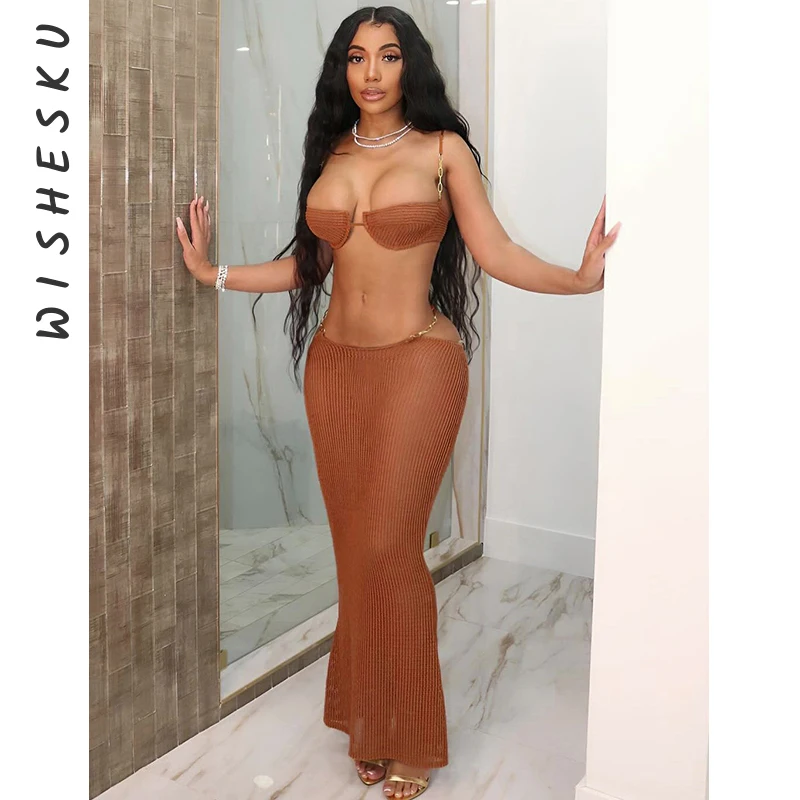 

Knitted Sexy Women 2 Two Piece Set Summer Trend Metal Chain Camisole+Bandage Long Skirts Vacation Matching Midnight Clubwear