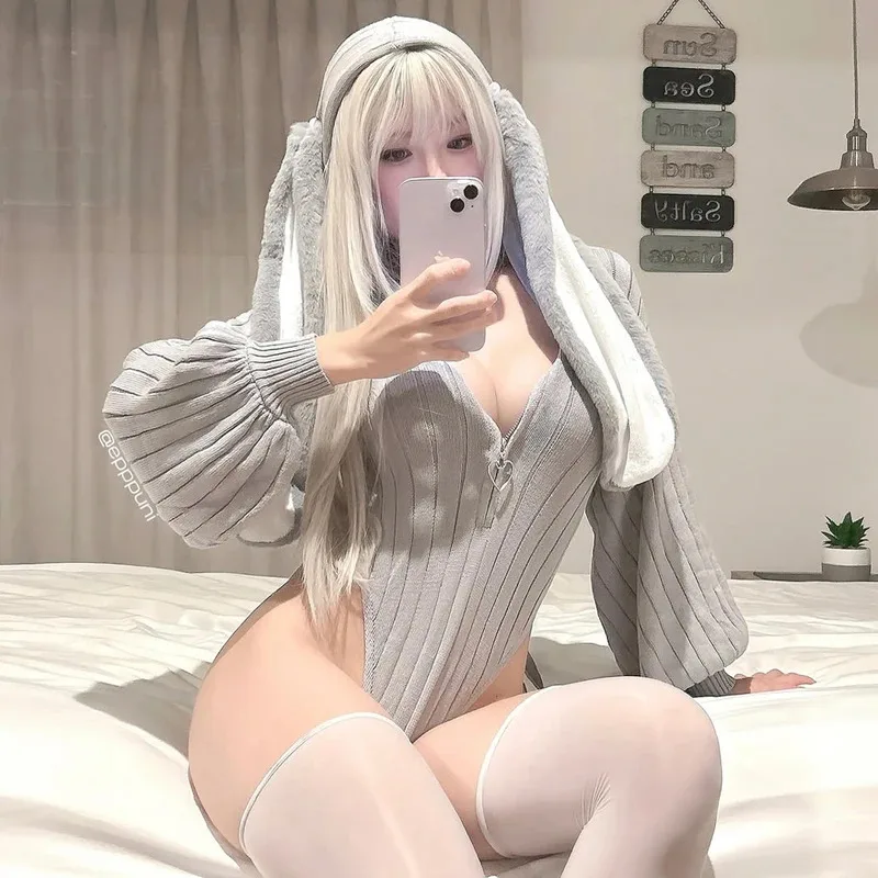 

KORURACLUB cute rabbit jumpsuit sweater love zipper knitted bunny long-sleeved plush rabbit tail home pajamas