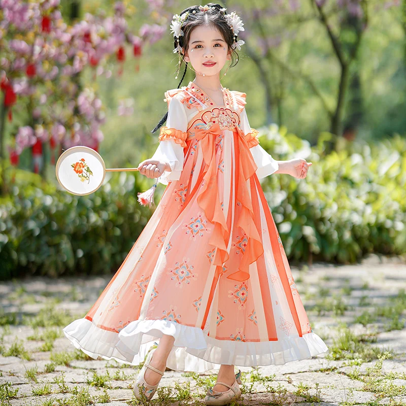 6891 2024 Summer New Girls' Tangzhuang Hanfu Dress Ancient Chinese Style Skirt Super Immortal Chiffon Children's Skirt