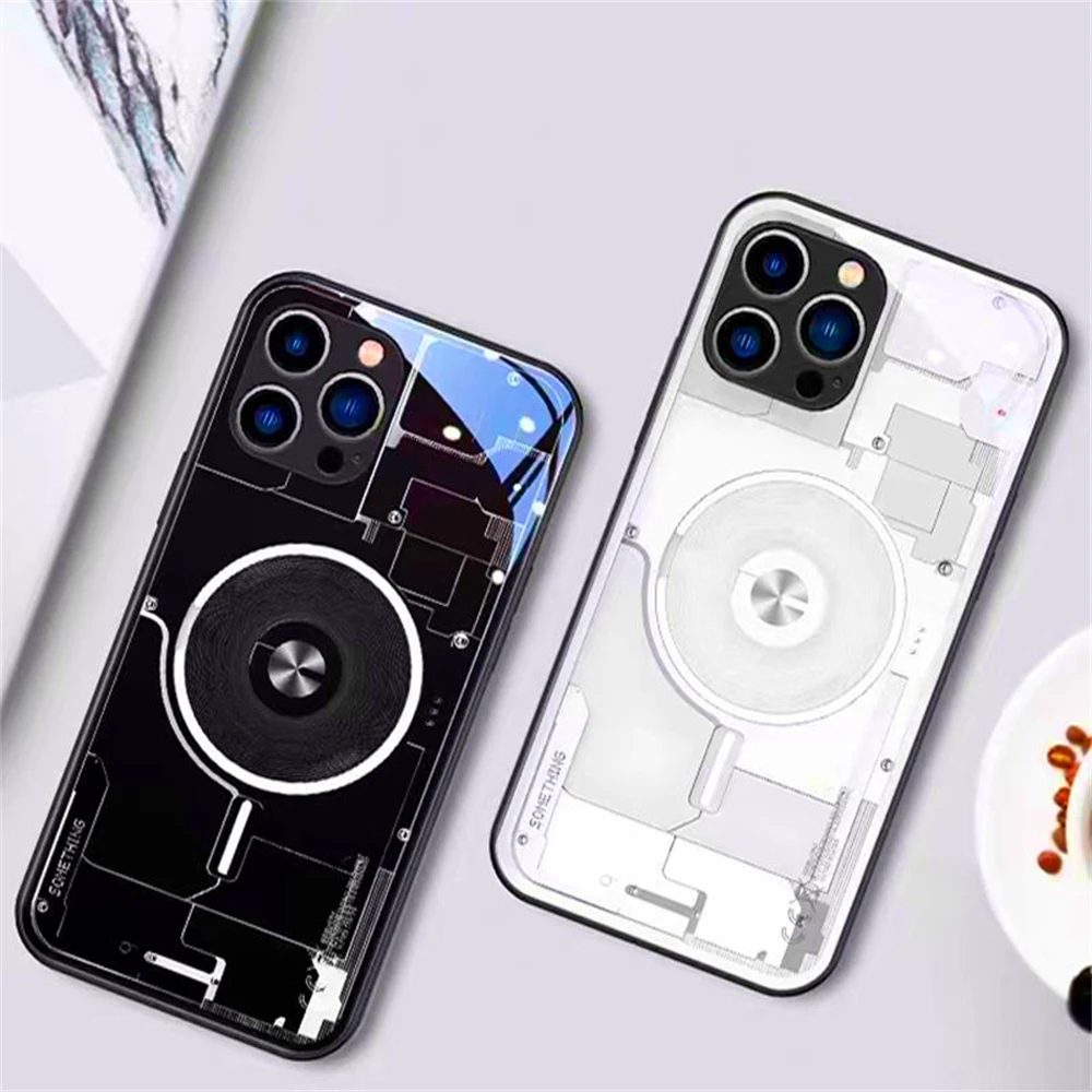 Cool Cyber Aperture Design Smart LED Light Glow Tempered Glass Phone Case For iPhone Air 17 16 15 14 13 12 11 Pro Max Plus view 6