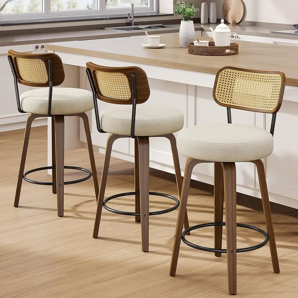 

Набор из 3 26-бежевых вращающихся барных стульев из искусственной кожи со спинкой из ротанга и ножками из орехового дерева для кухни или столовой