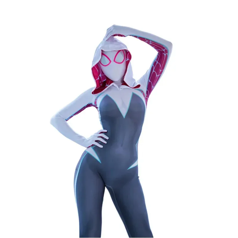 

aa124LQNew Lycra Gwen Cosplay Costume 3D Print Mask Zentai Stacy Superhero Spider man Suit Women Bodysuit Halloween Clothing Out