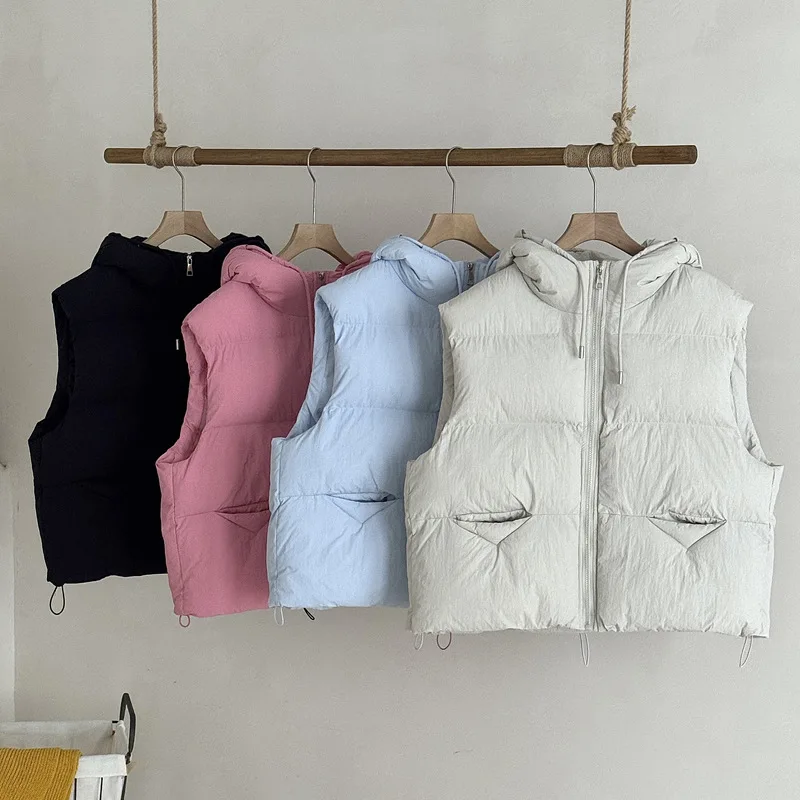 

2025 Winter Short Down Cotton Hooded Vest Puffer Parka Coats Women Loose Solid Thicken Warm Jacket Female Fashion Outwear