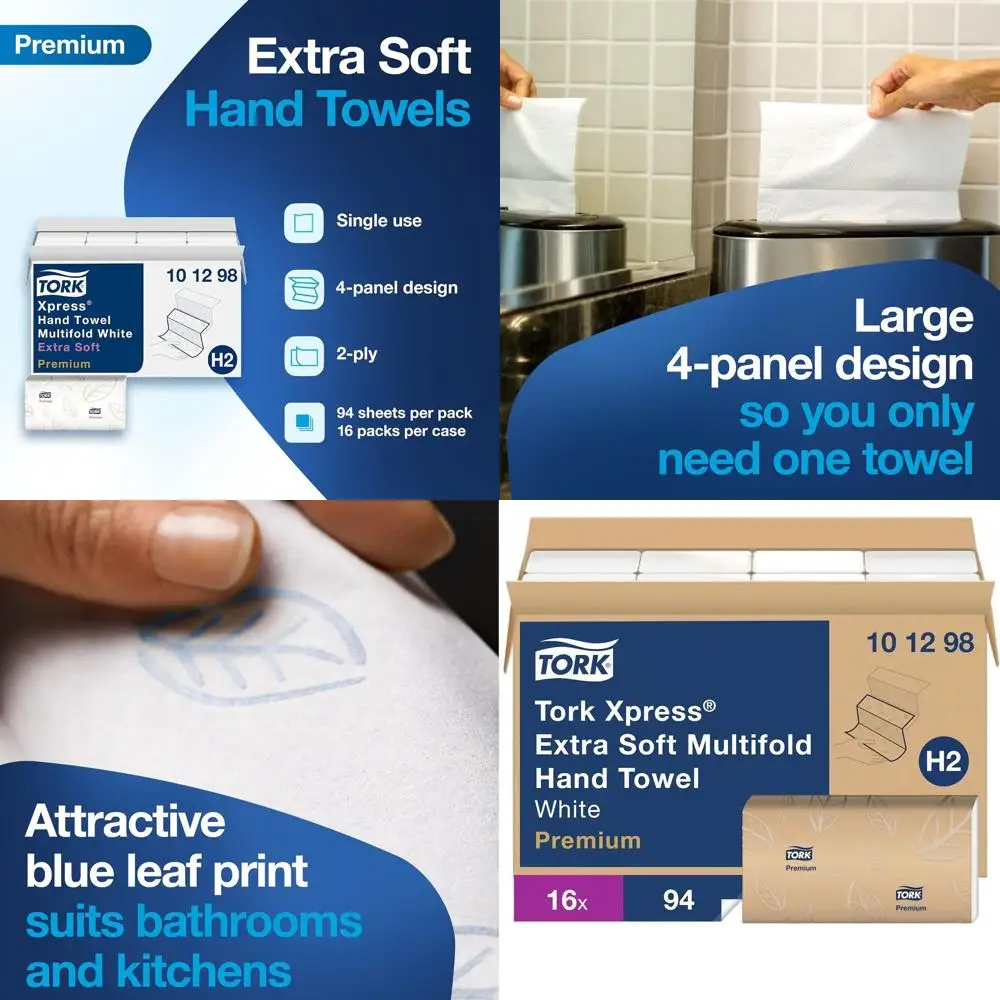 

White Multifold Hand Towels with Blue Leaf Print, H2 Compatible Dispenser, 16 Packs, 94 Towels per Pack
