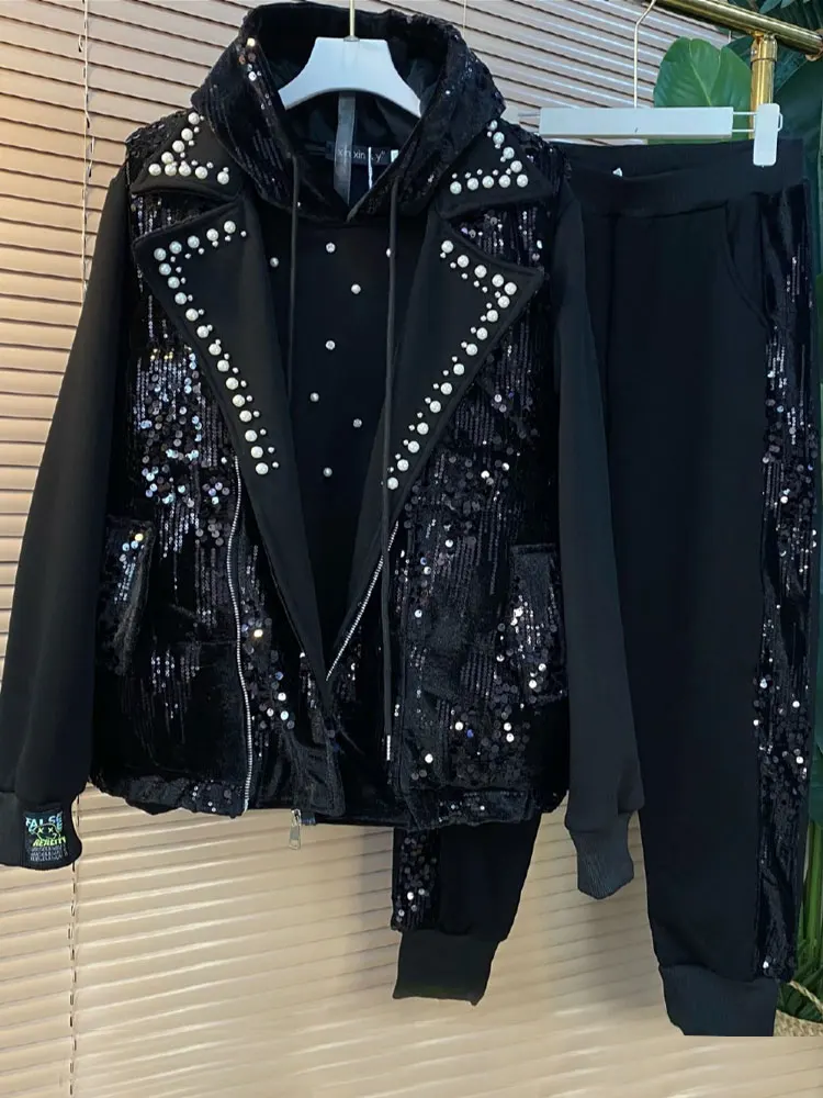 European Winter Large Size Women Fashion Beaded Sequin Sweatshirt Pants Plush Vest Three-piece Sets Heavy Industry Hooded Tops