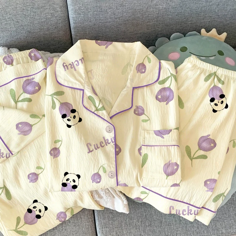 

Tulips Panda Letter Print Cute Sleepwear Woman Sweet Kawaii Casual Fashion New 3 PC Set Women's Pajamas Casual Summer Home Wear