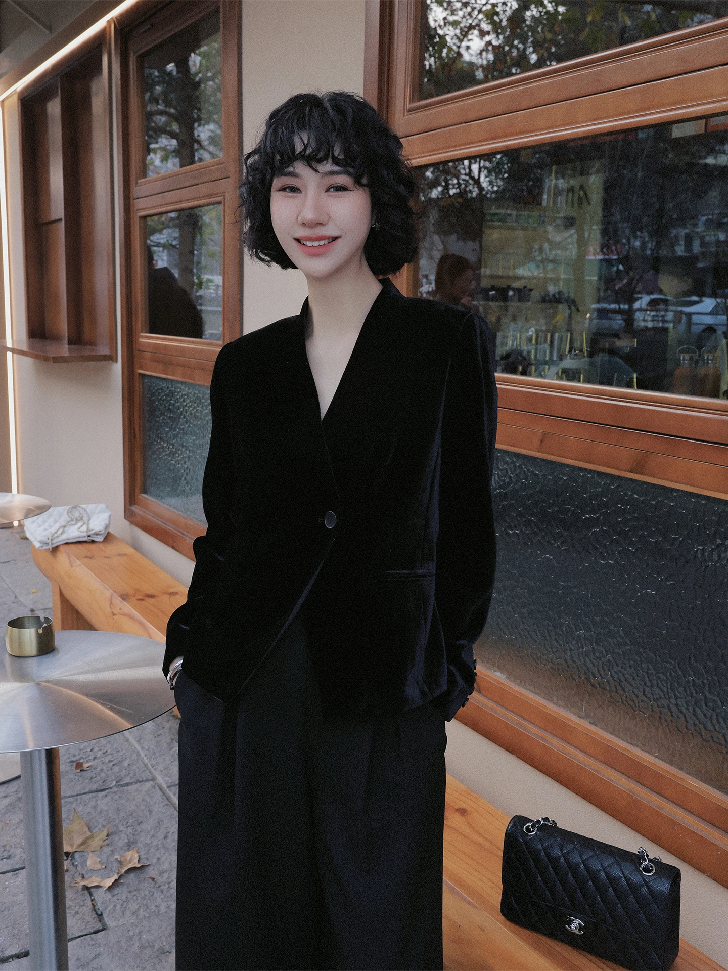 

Женский бархатный костюм с V-образным вырезом, шелковый, для ранней весны, деловой, повседневный, прямого кроя, с длинными рукавами, из чистого вельвета.