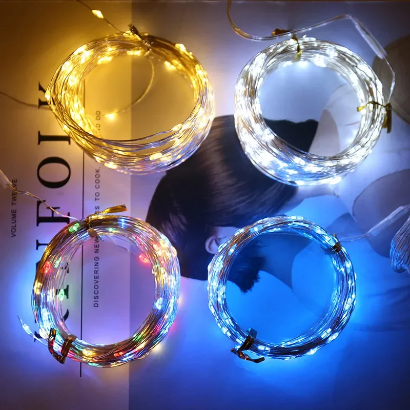 Guirlande lumineuse LED en fil de cuivre, 1M 2M 3M 5M 10M, guirlande lumineuse féerique, éclairage de vacances, décoration pour arbre de noël, fête