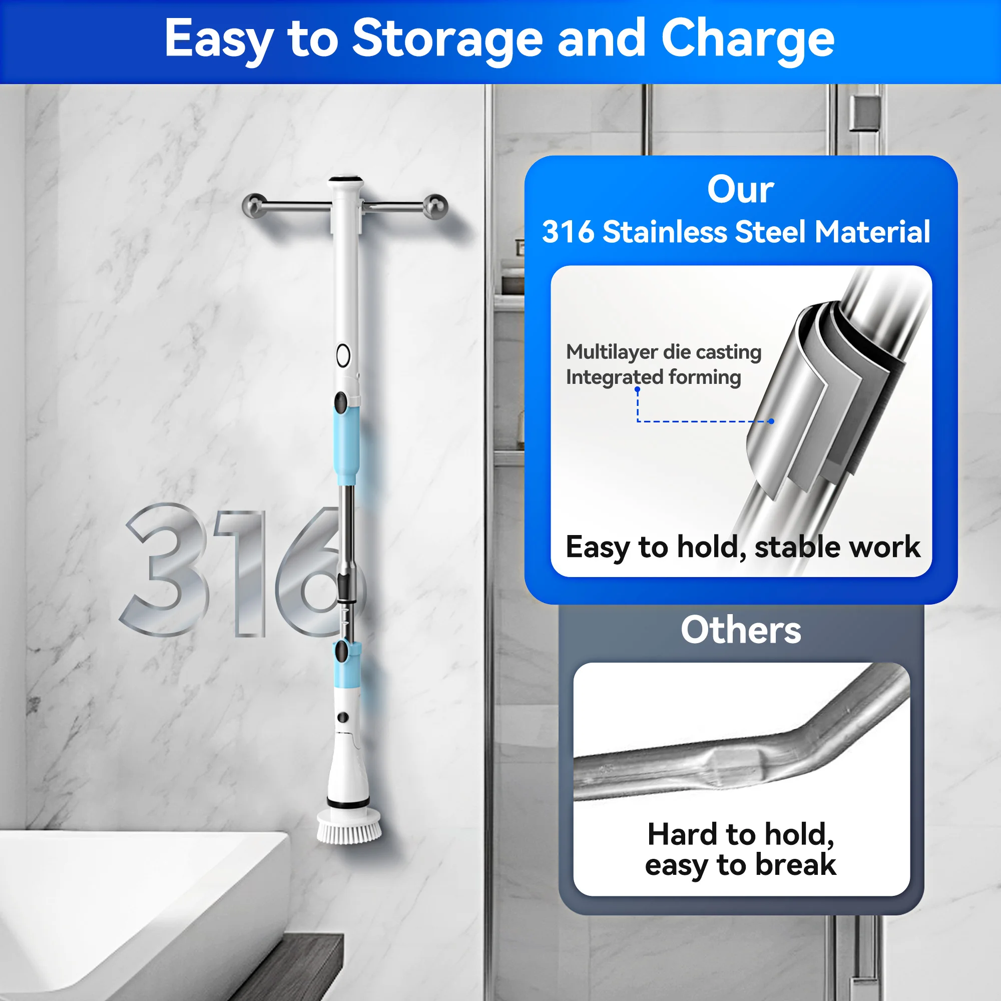 فرشاة تنظيف الدش اللاسلكية الكهربائية 450 دورة في الدقيقة مع 5 فرش قابلة للاستبدال مقبض تمديد قابل للتعديل للحمام